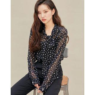 Tie-neck Dotted See-through Blouse