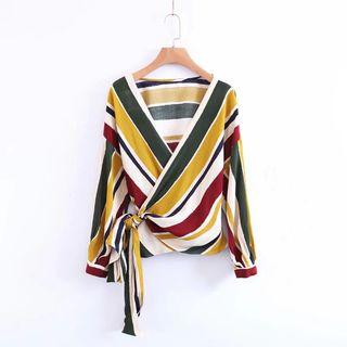 Wrapped Front Tie-waist Striped Shirt