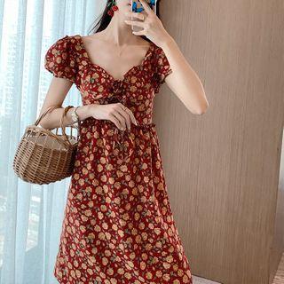 Short-sleeve Floral Print Lace-up Dress