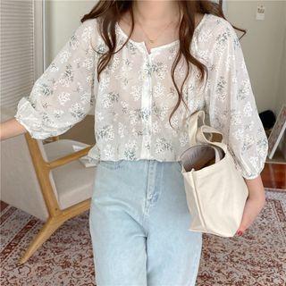 Lantern-sleeve Floral Blouse White - One Size