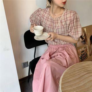 Cropped Wide Leg Pants / Puff-sleeve Plaid Top