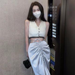 Button-up Crop Tank Top / Drawstring Midi Pencil Skirt