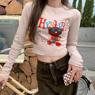 Long-sleeve Print T-shirt Khaki - One Size