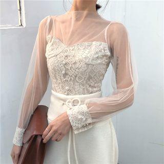 Lace Panel Mesh Slim-fit Top