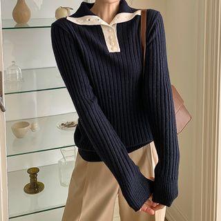 High-neck Button-detail Rib-knit Top