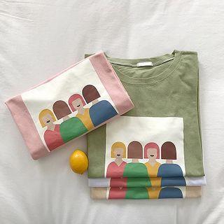Color-block Picture Printed Short-sleeve Top