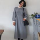 Long-sleeve Collared Midi Dress Blue - One Size