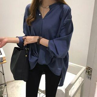 Long-sleeve Plain Blouse / Lace Trim Undershorts