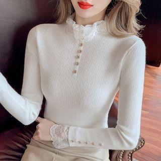 Long-sleeve Lace Trim Ribbed Top
