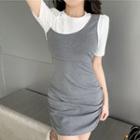 Short-sleeve Mock Two Piece Mini Sheath Dress Gray - One Size