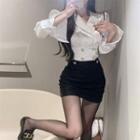 Rhinestone Shirt / Chain Strap Mini Overall Dress / Set