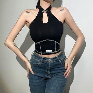 Sleeveless Frog-button Crop Top