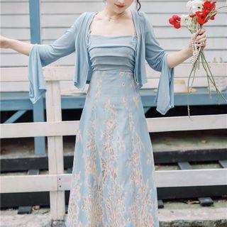 Spaghetti-strap Floral Panel Maxi A-line Dress / Jacket / Set