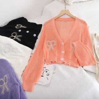 Embroidered V-neck Cropped Knit Cardigan