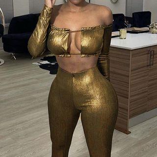 Set: Off-shoulder Tie-strap Crop Top + Boot-cut Pants