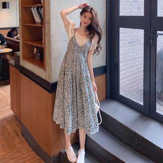 Puff Sleeve Ruched Plain Top / Spaghetti Strap Floral Print A-line Dress / Set