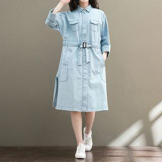 3/4-sleeve Denim A-line Midi Dress