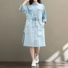 3/4-sleeve Denim A-line Midi Dress