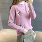 Mock Neck Animal Embroidered Sweater