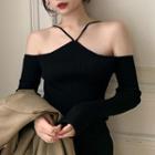 Two-way Off-shoulder Long-sleeve Spaghetti-strap Plain Knit Top