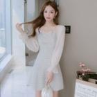 Puff-sleeve Tweed A-line Dress