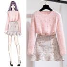 Faux Pearl Fluffy Sweater / Faux Pearl Buttoned Tweed Skirt / Set