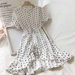 Polka Dot Surplice Wrap Short-sleeve Ruffled Dress