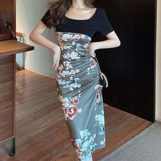 Floral Panel Slit Midi Bodycon Dress