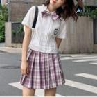 Short-sleeve Shirt / Plaid Mini A-line Pleated Skirt / Neck Tie / Set