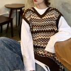 V-neck Patterned Knit Vest / Long-sleeve T-shirt