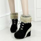 Fluffy Panel Sequined Wedge Heel Short Boots