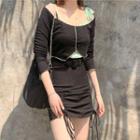 Long-sleeve Irregular Crop Top / Fitted Drawcord Mini Skirt