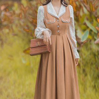 Long-sleeve Collared Lace Panel Midi A-line Dress