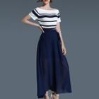 Set: Striped Short-sleeve Knit Top + A-line Maxi Skirt