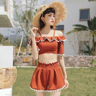 Set: Cold-shoulder Bobble Bikini + Lettuce Edge Shorts