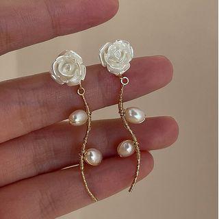 Flower Faux Pearl Alloy Dangle Earring 1 Pair - Silver Stud - White - One Size