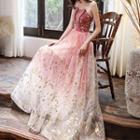 Spaghetti Strap Printed A-line Evening Gown