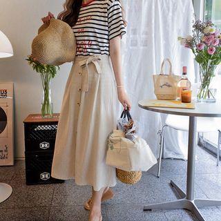 Button-front Linen Blend Skirt With Belt Beige - One Size
