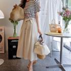 Button-front Linen Blend Skirt With Belt Beige - One Size