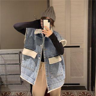 Two-tone Single-breasted Denim Vest
