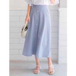 Plus Size Button-front Long Flare Skirt