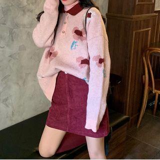 Flower Print Collared Sweater / Mini A-line Skirt