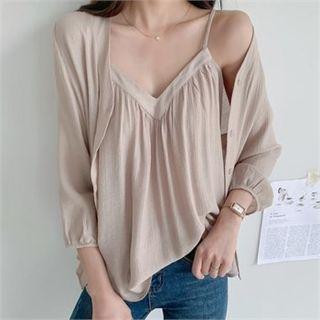 Set: V-neck Cardigan + Spaghetti-strap A-line Top