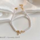 Bow Faux Pearl Bracelet S139 - 1pc - Gold & White - One Size