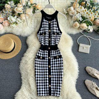 Sleeveless Houndstooth Knit Midi Sheath Dress