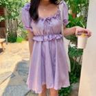 Puff-sleeve Square-neck Ruffle Tie-accent Plain Dress