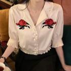 Rose Embroidered Puff Short-sleeve Blouse Almond - One Size
