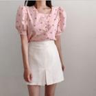 Puff Short Sleeve Cherry Print Top / Slit-front A-line Skirt