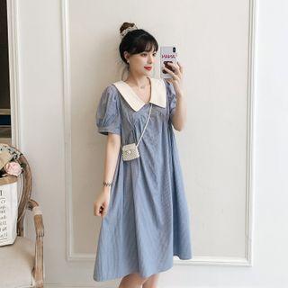 Contrast Collar Gingham Midi A-line Dress