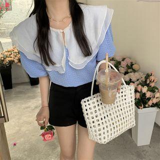 Puff-sleeve Dotted Keyhole Blouse
